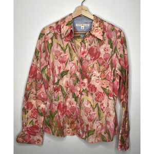 Tommy Hilfiger Peach Pink Floral Button Down Shirt Long Sleeve Size L